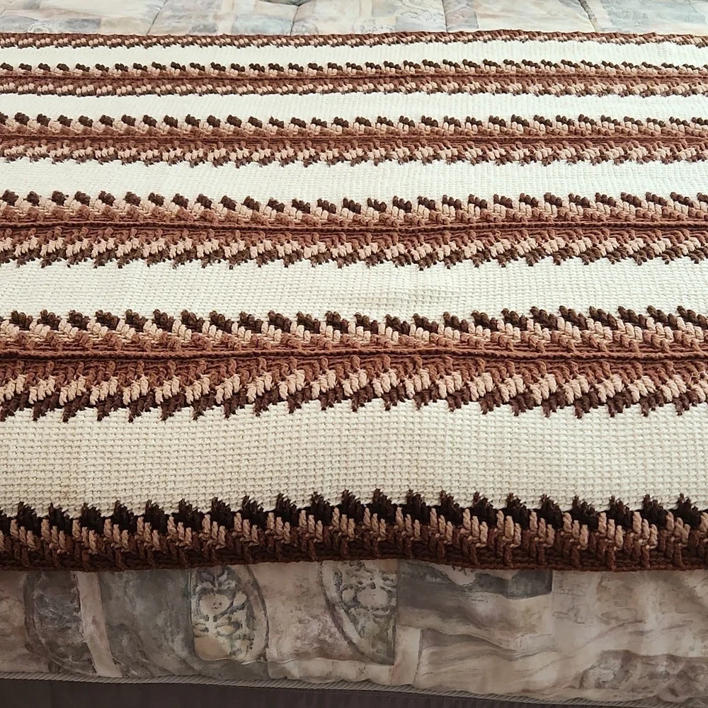 Vintage Afghan with Fringe Hand Made Earthy Colors Boho